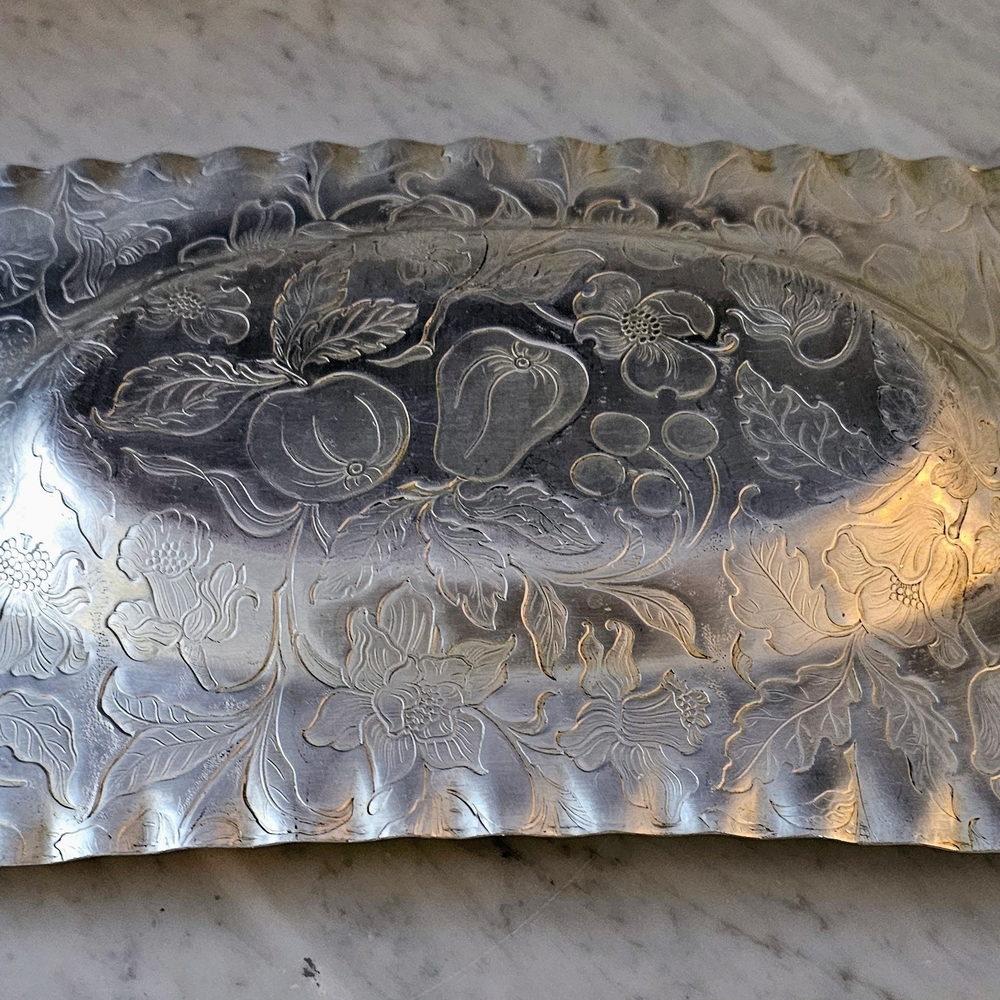 Hammered Aluminum Rectangular Serving Tray with Handles and Floral Design - Picture 6 of 8